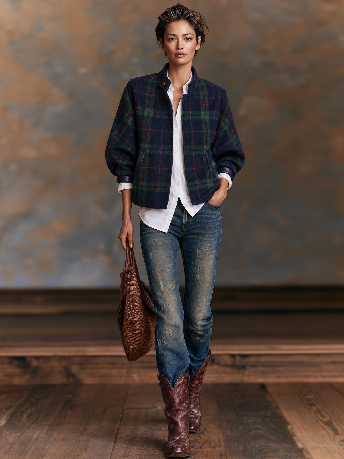 MERCHE | Chaqueta Cropped de Cuadros con Paneles en Contraste