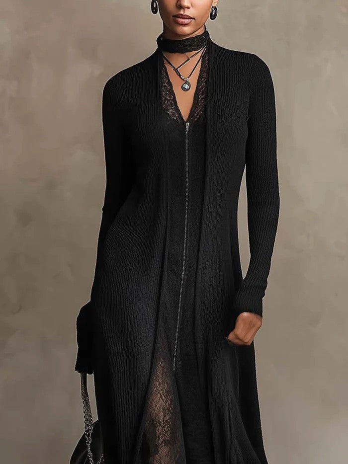 ELVIRA | Vestido Largo de Punto de Canalé con Inserciones de Encaje y Cremallera