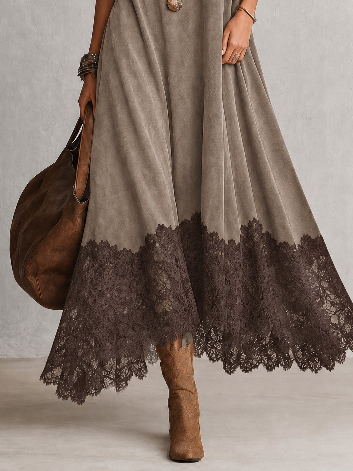 GRACIA | Vestido Largo Efecto Ante con Bajo de Encaje