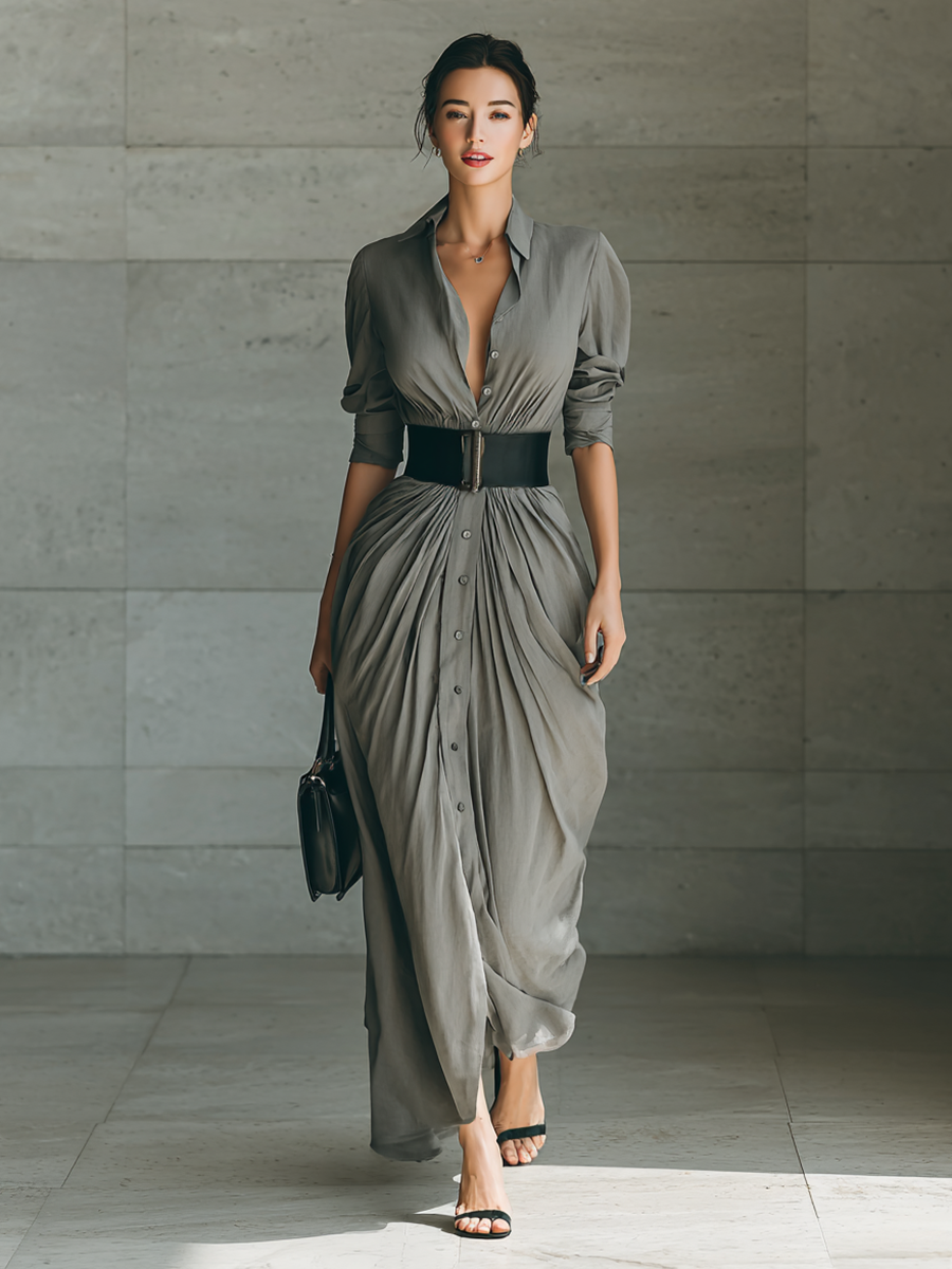 EMILIANA | Vestido Largo de Pliegues con Cuello de Solapa