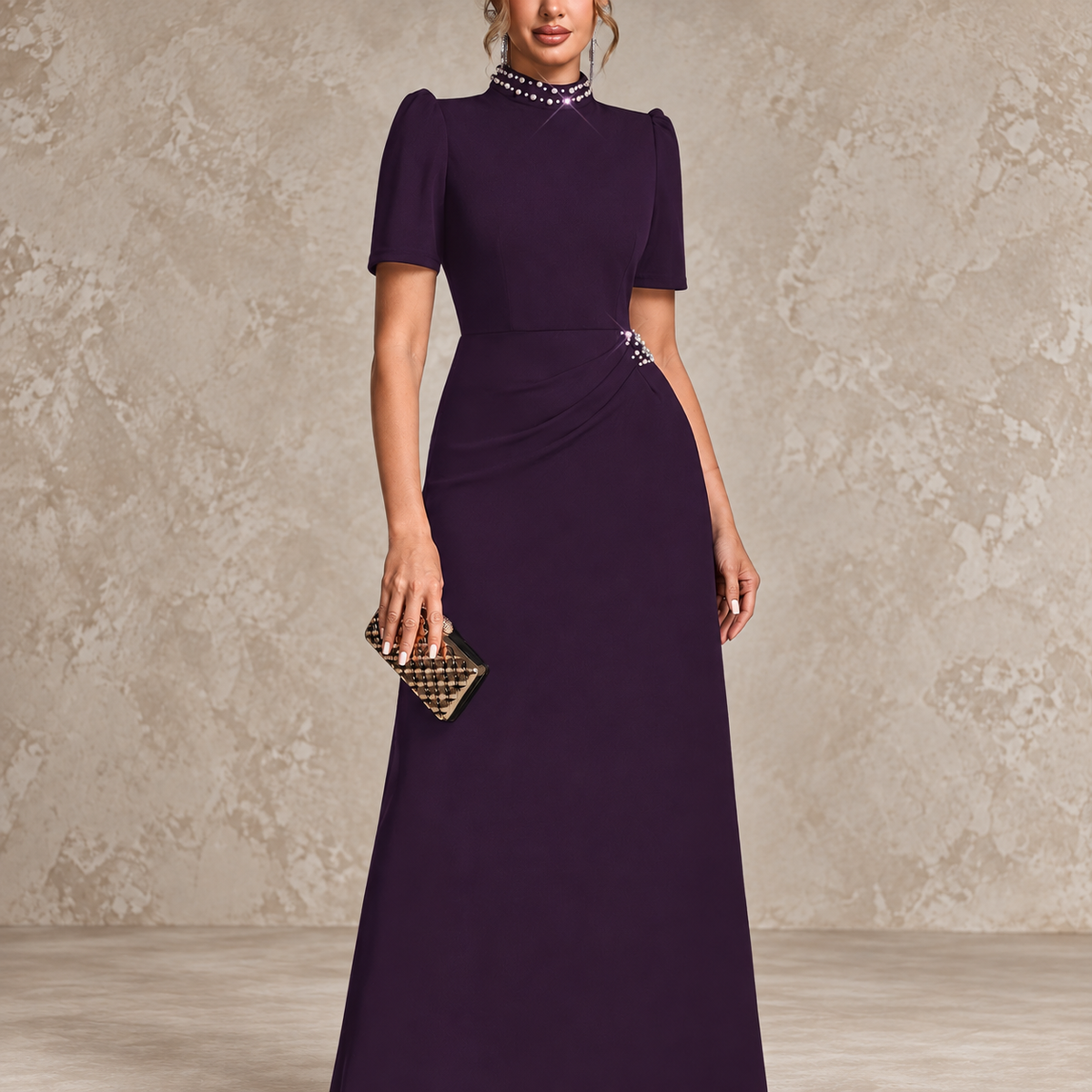 MARCIANA | Vestido Largo de Fiesta con Cuello Joya y Manga Corta
