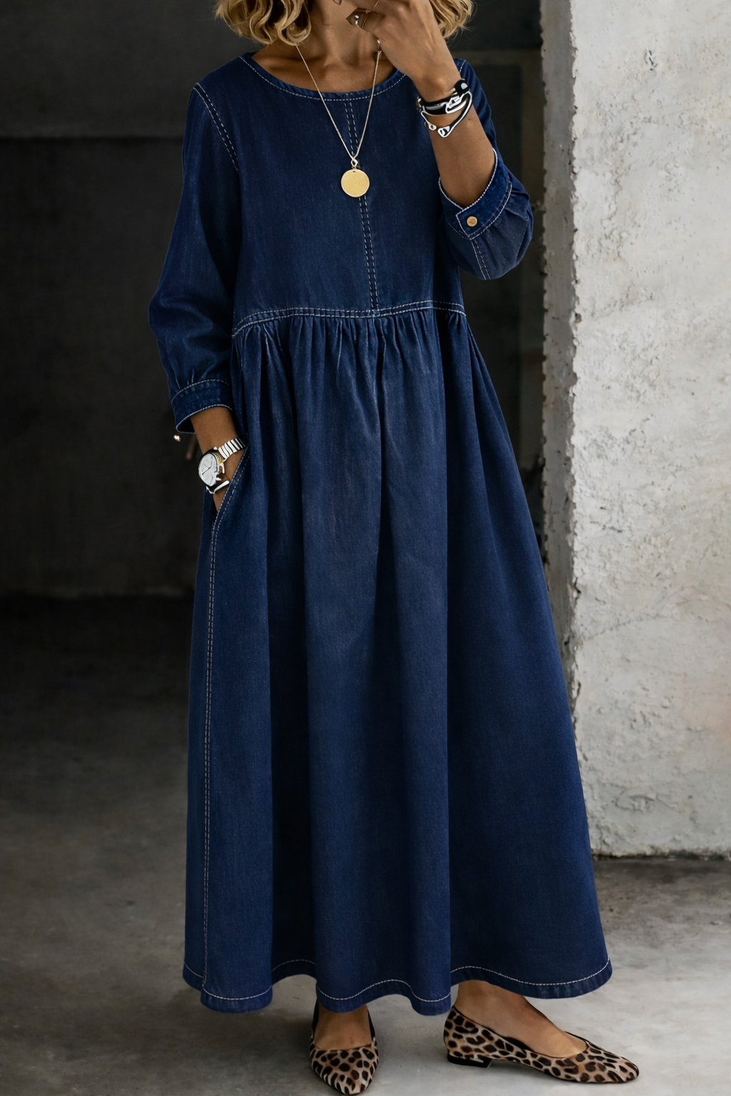 ALEJANDRA | Vestido Largo Vaquero con Cintura Fruncida y Bolsillos