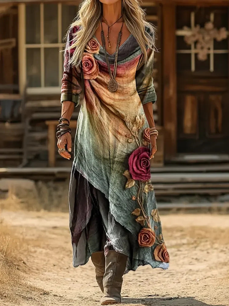 ALBA | Vestido Largo Bohemio de Capas con Estampado Floral y Rosas