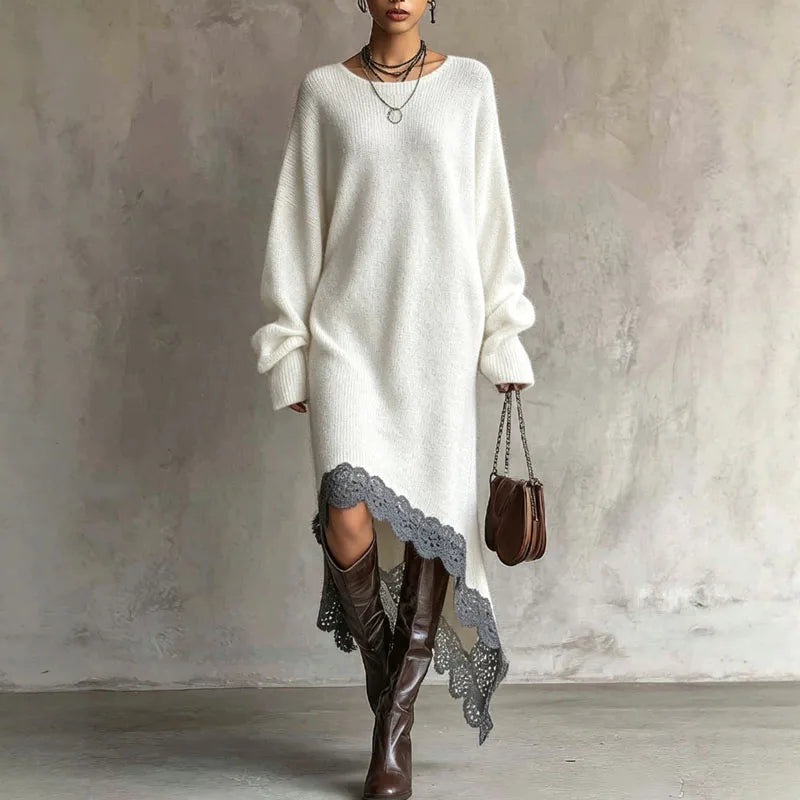 ROMANA | Vestido Largo de Punto con Mangas Abullonadas y Bajo Asimétrico de Encaje