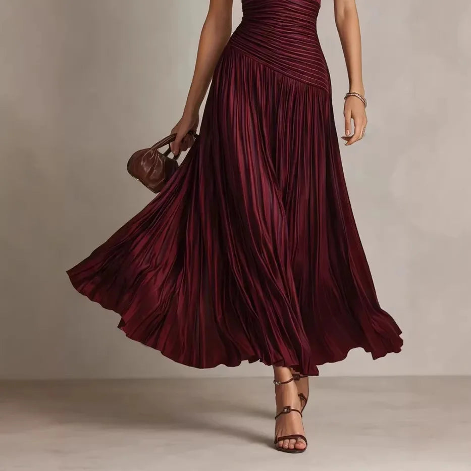 ANSELMA | Vestido Largo Plisado con Escote en V y Espalda Abierta