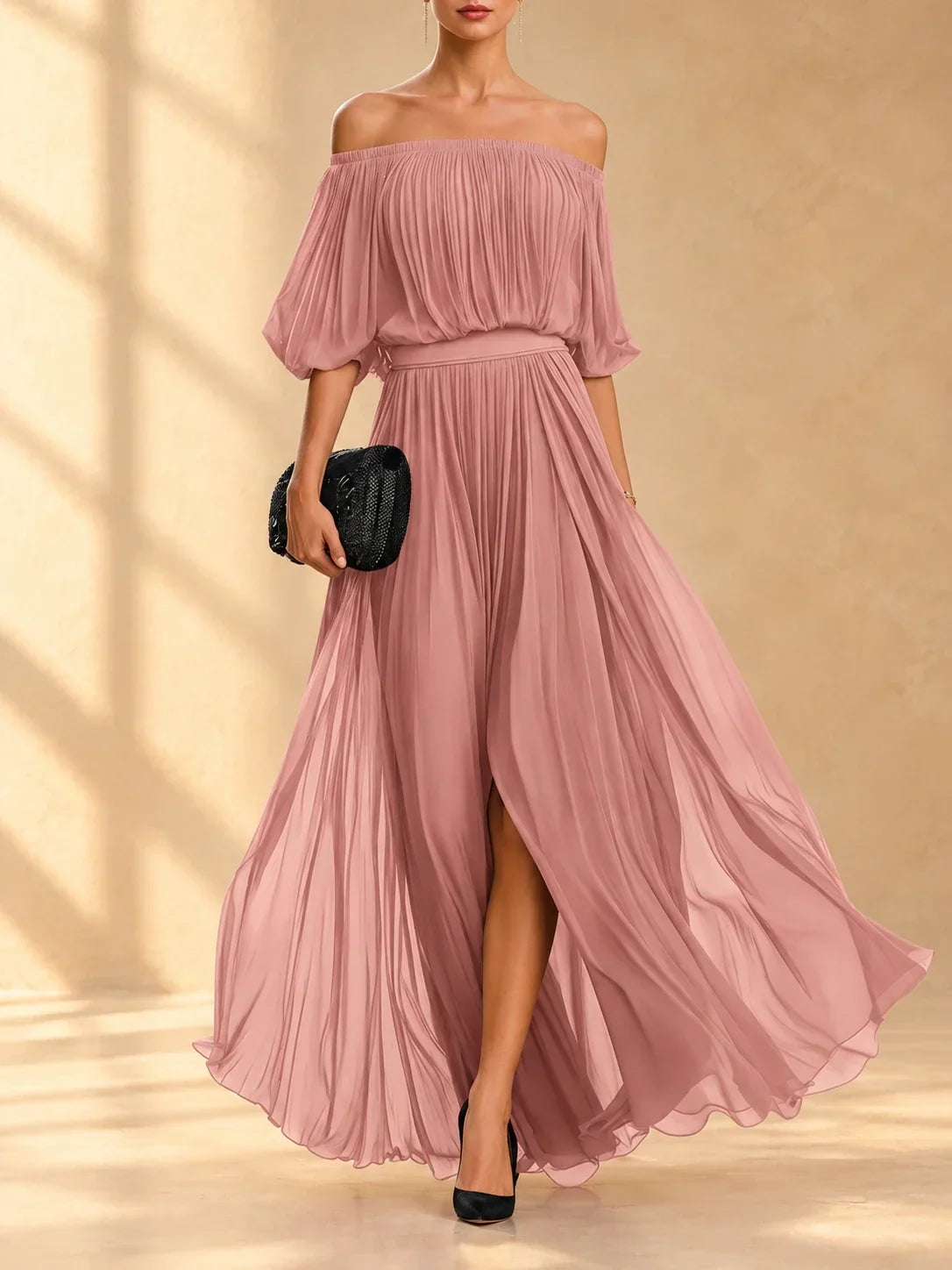 AINOA | Vestido Largo de Gasa con Hombros Descubiertos