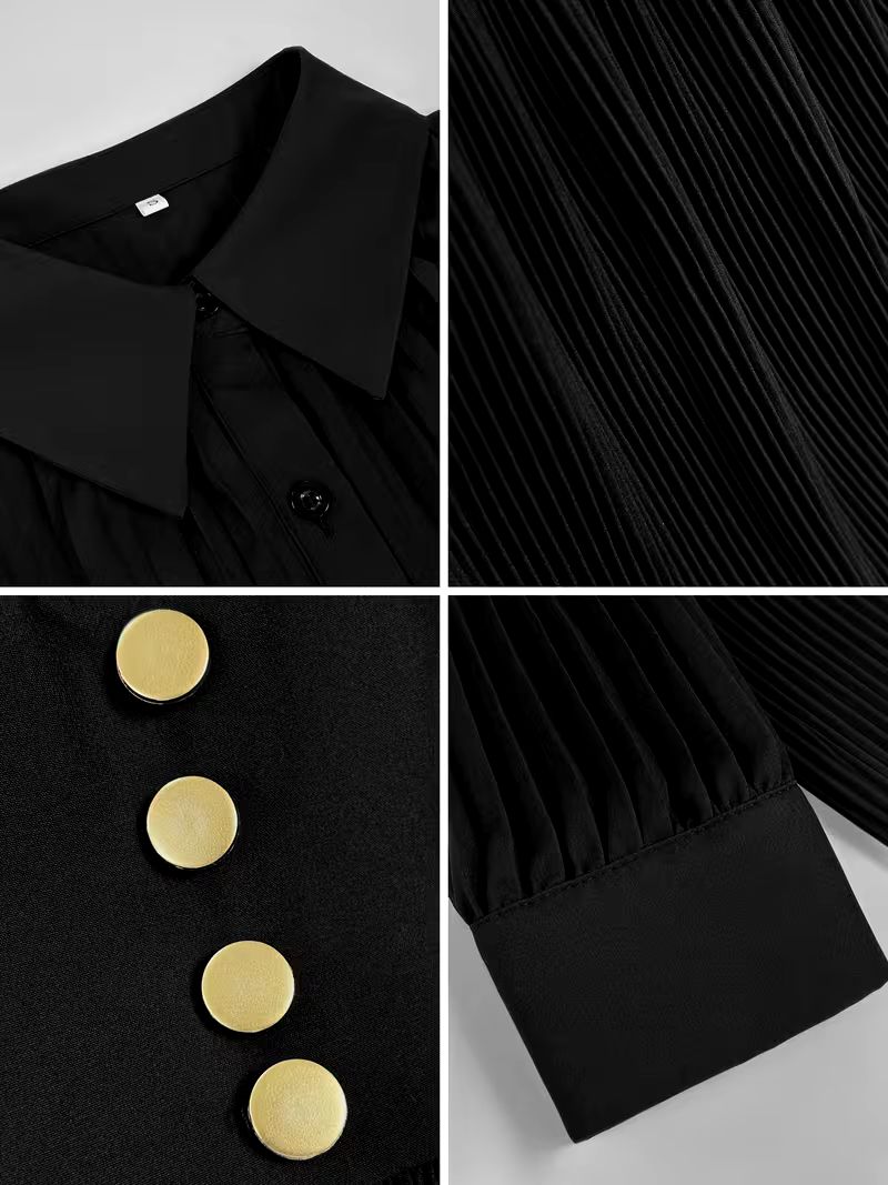 BERTA | Vestido Largo Plisado Negro con Solapas y Botones Dorados