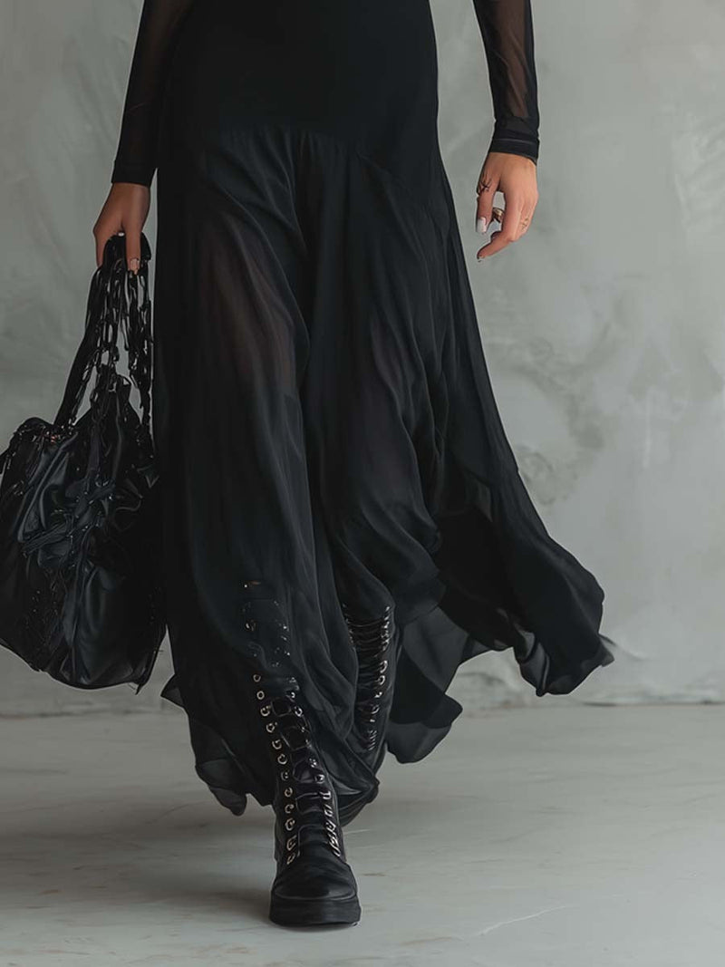 DONATA | Vestido Largo Fluido Negro con Mangas Transparentes