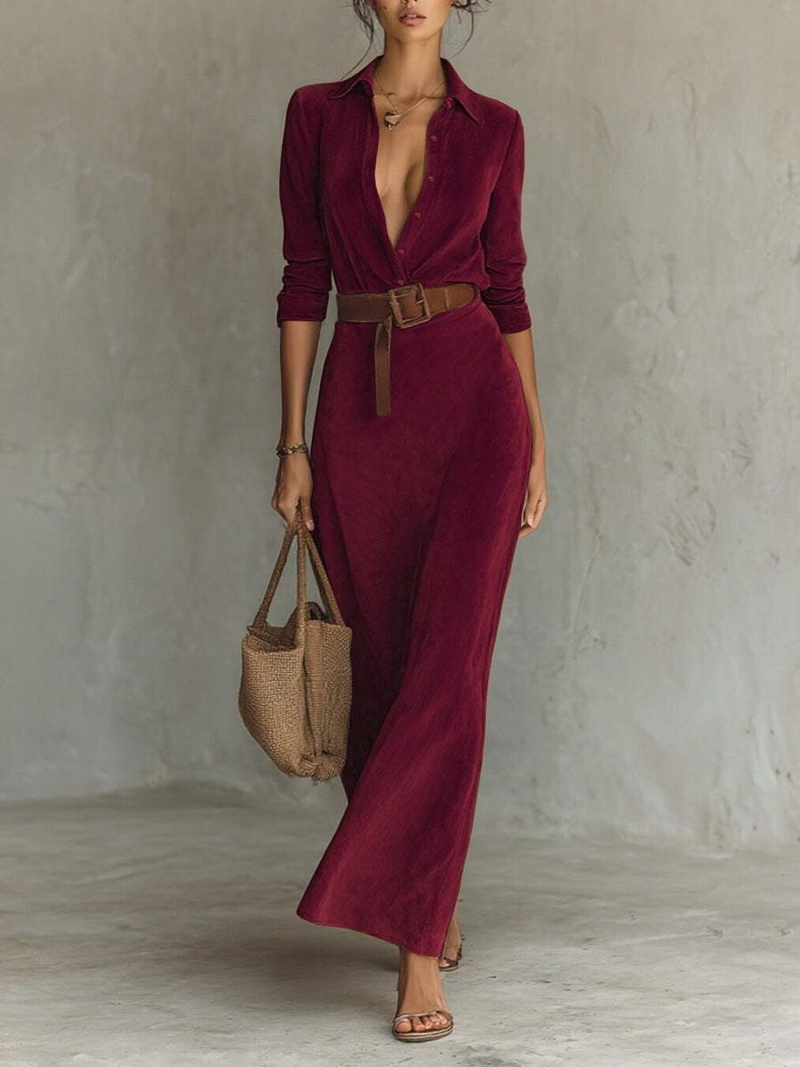 CARIDAD | Vestido Largo de Antelina con Cinturón y Cuello
