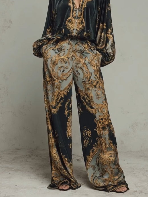 JASONE | Conjunto de Blusa y Pantalón Ancho con Estampado Barroco