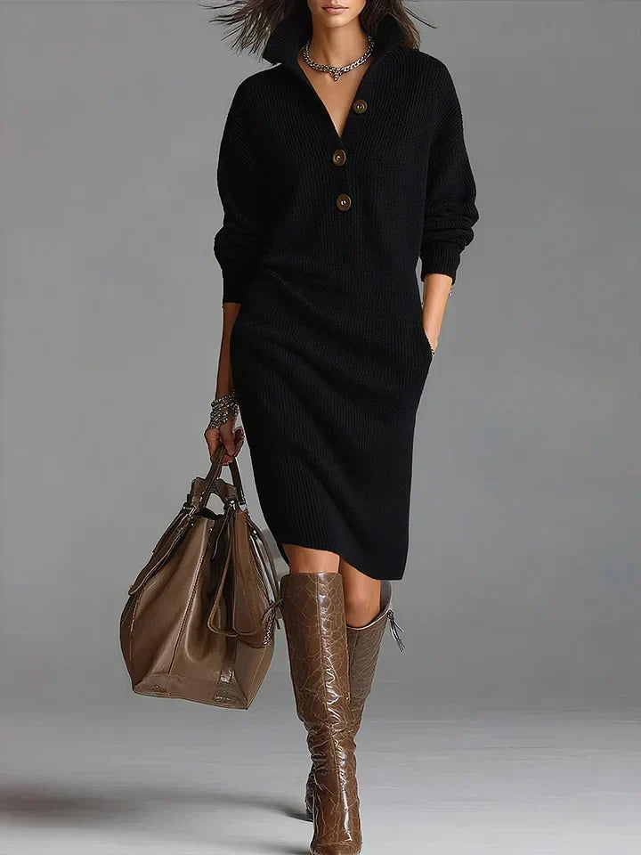 CORINA | Vestido Jersey de Canalé con Cuello Abotonado