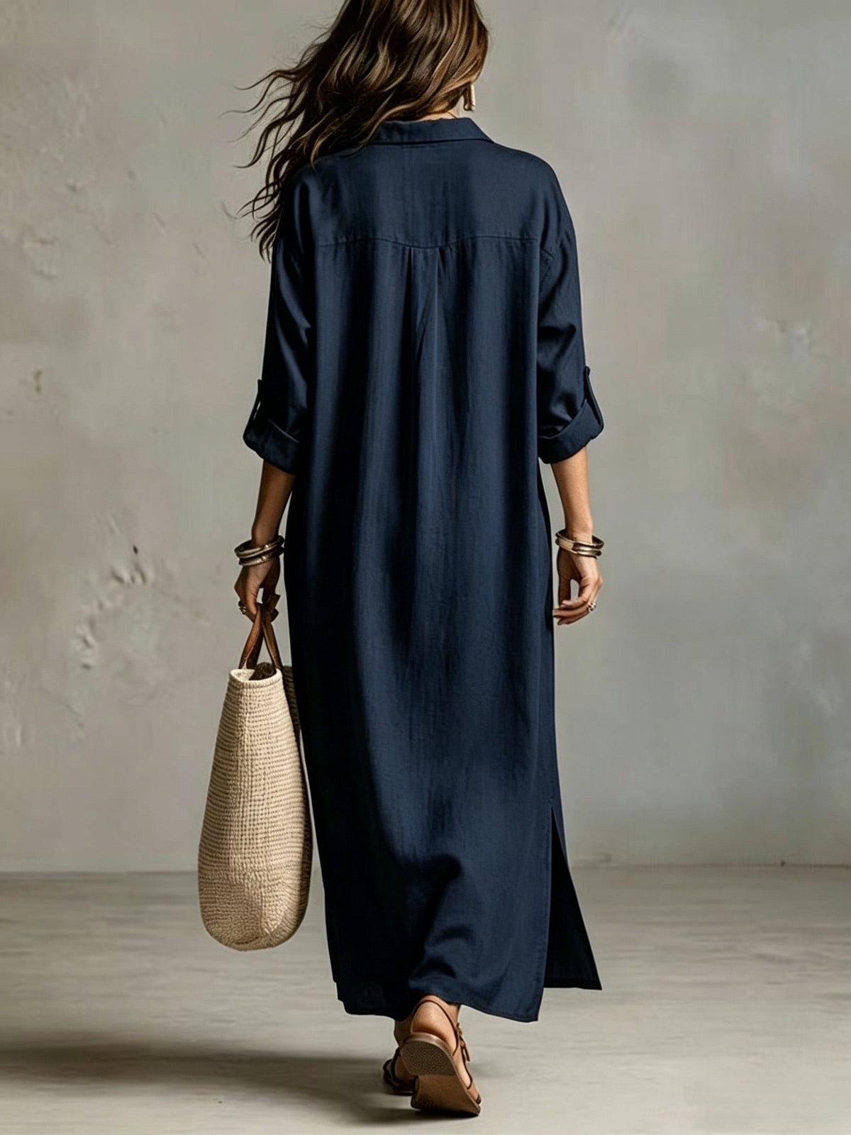 TERESITA | Vestido Camisero Largo con Escote en V y Bolsillos