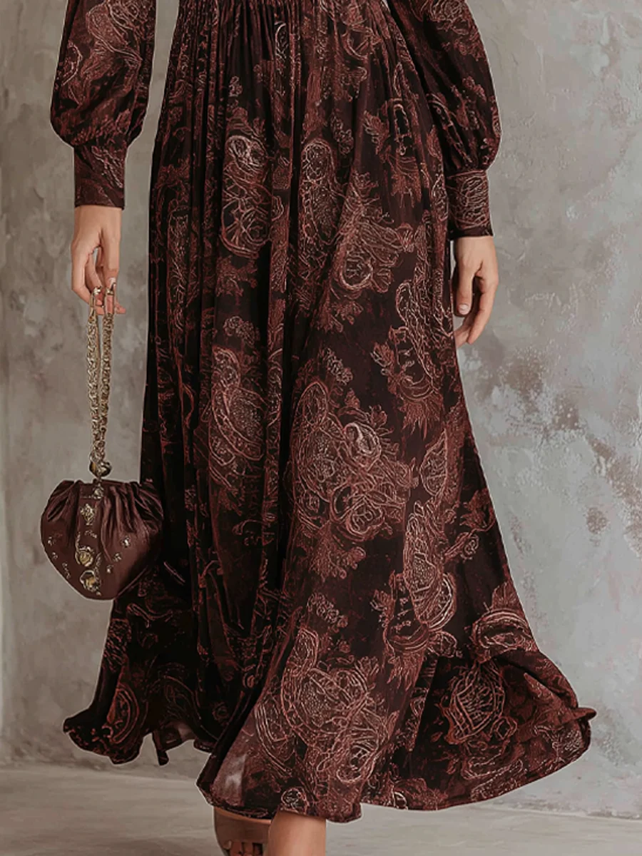 EUGENIA | Vestido Largo con Estampado de Cachemira, Cremallera y Talle Alto