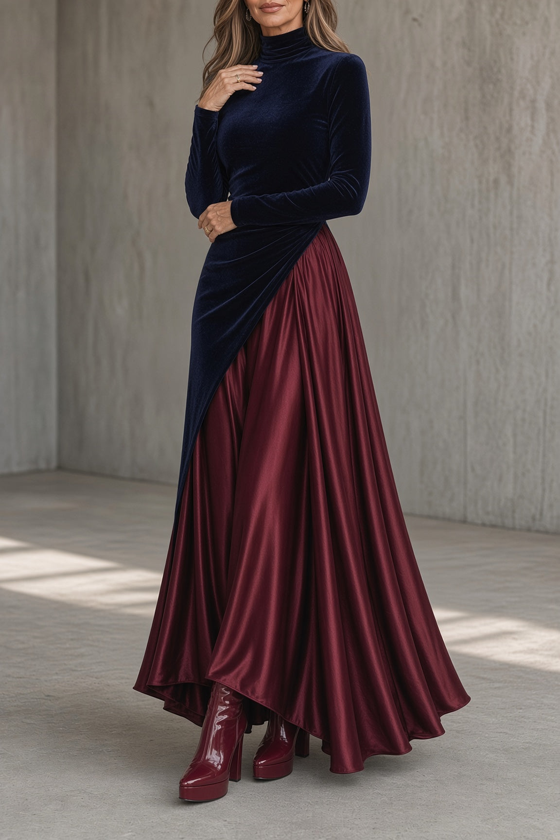 TELMA | Vestido Largo Bicolor de Terciopelo y Satén