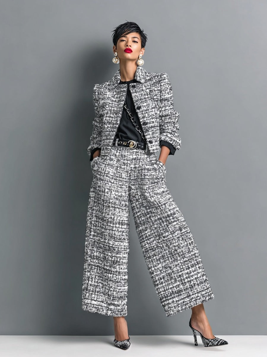 NAHIA | Conjunto de Chaqueta Corta Efecto Tweed y Pantalón Ancho