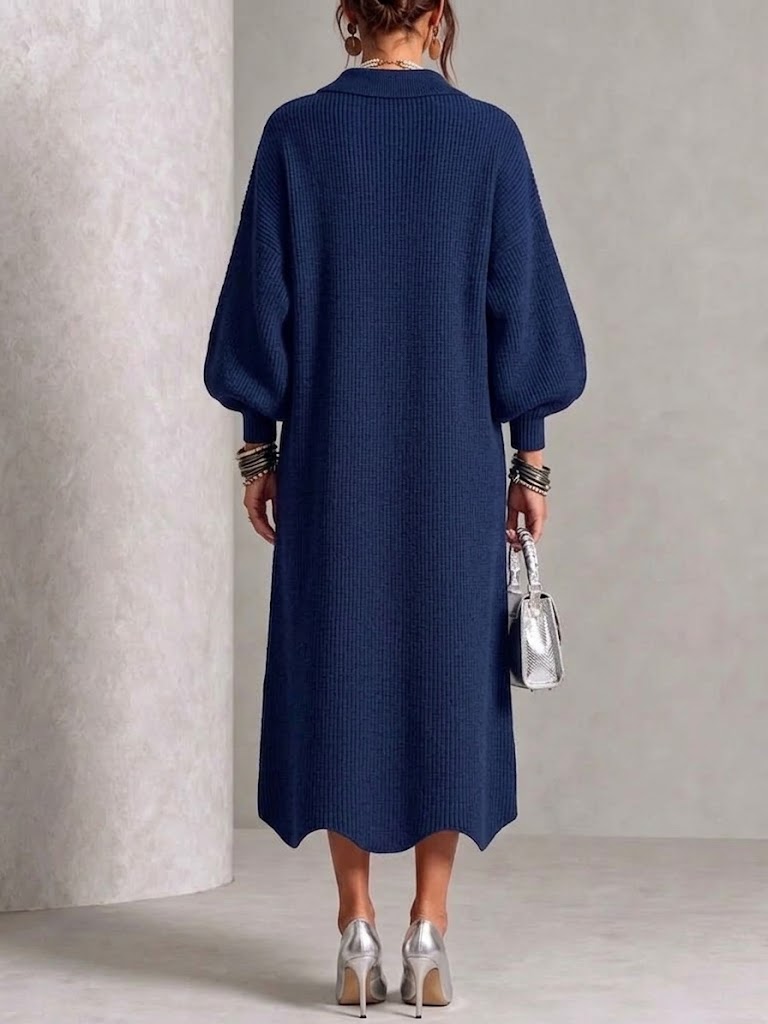 MARA | Vestido Largo de Punto de Canalé con Botones Dorados
