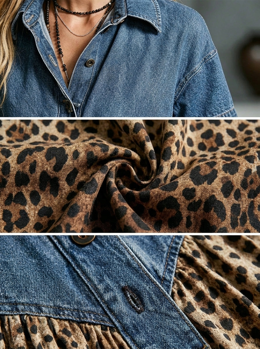 LUCÍA | Vestido Midi con Top Vaquero y Falda de Leopardo