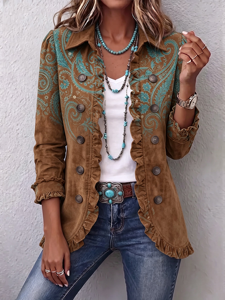 LAURA | Chaqueta Paisley Marrón y Turquesa con Volantes