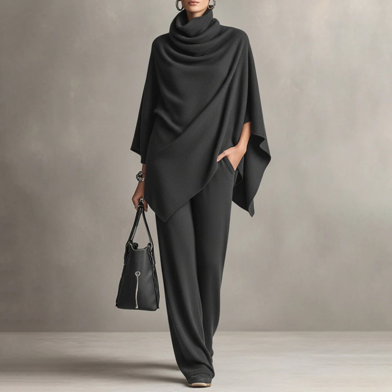 ADORACIÓN | Conjunto Capa con Cuello Drapeado y Pantalón Ancho, Gris Oscuro