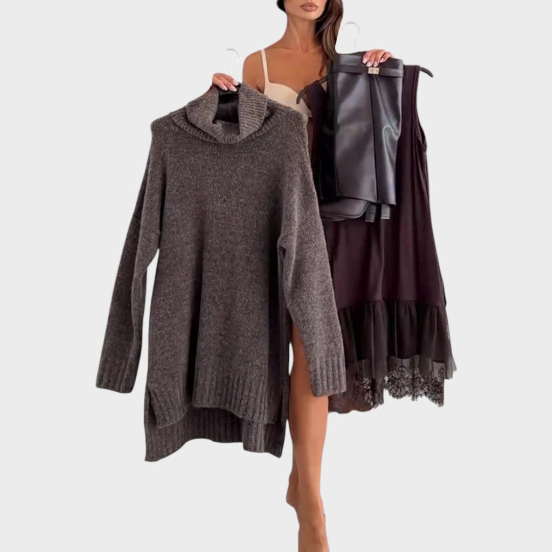 ELISA | Conjunto de Jersey Oversize y Vestido Lencero con Bajo de Encaje