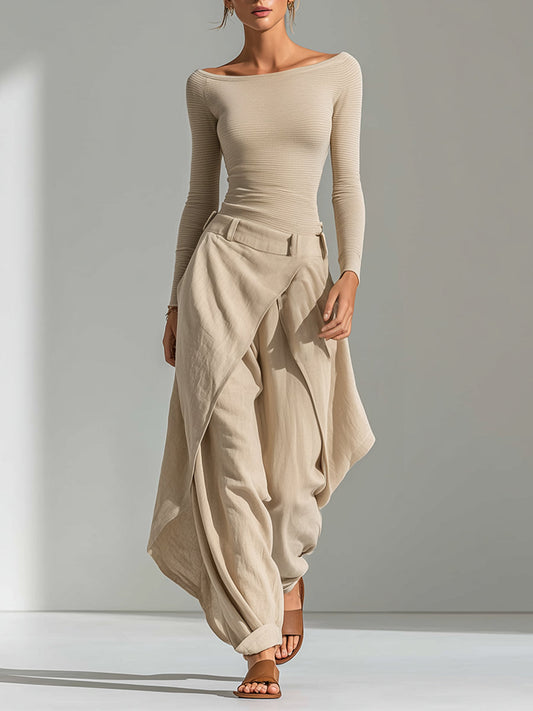 PIEDAD | Top Beige con Cuello Barco y Pantalones Anchos con Volantes