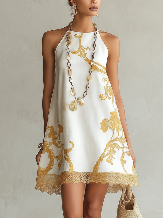 REYES | Vestido Mini de Encaje Blanco con Motivos Dorados