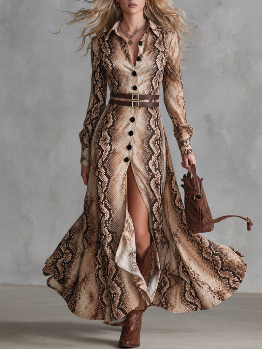GUADALUPE | Vestido Largo con Estampado de Reptil, Botones y Abertura