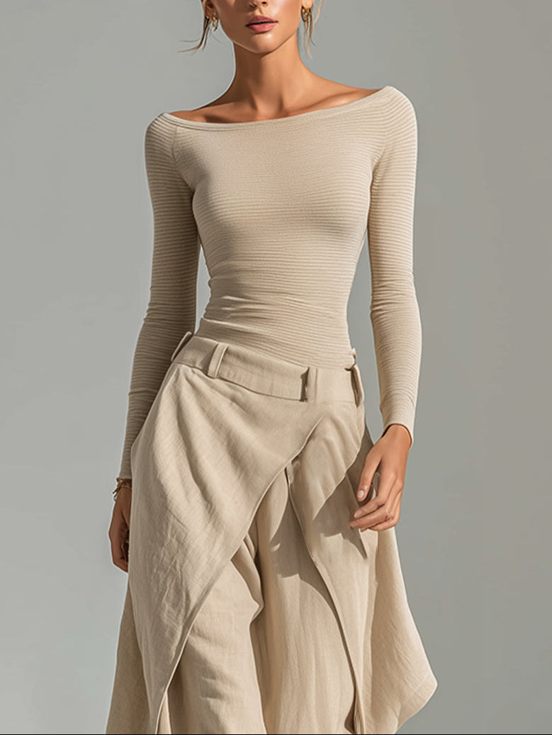 PIEDAD | Top Beige con Cuello Barco y Pantalones Anchos con Volantes