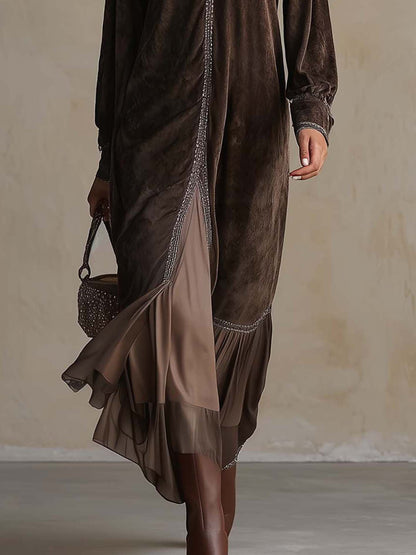 EVA | Vestido Midi Evasé de Antelina Marrón con Escote en V