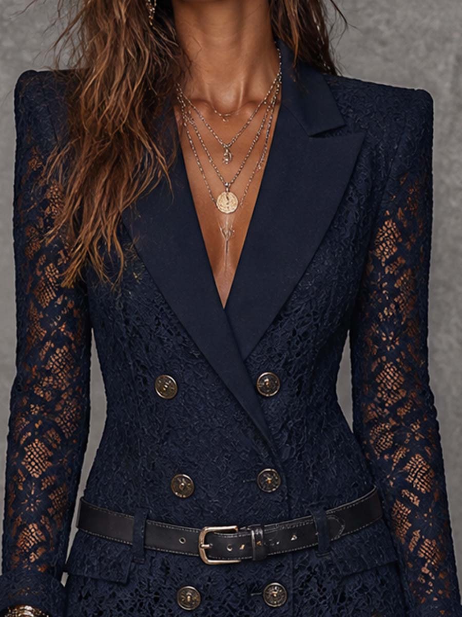 ALTEA | Minivestido Blazer Cruzado de Encaje Azul Marino con Cinturón