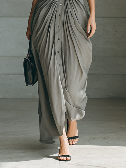 EMILIANA | Vestido Largo de Pliegues con Cuello de Solapa