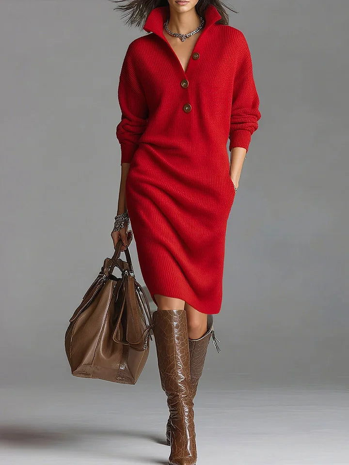 CORINA | Vestido Jersey de Canalé con Cuello Abotonado