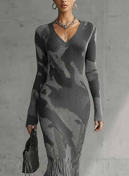 ARABELA | Vestido Largo de Punto de Canalé de Camuflaje con Flecos