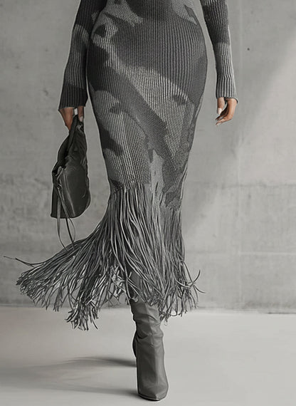 ARABELA | Vestido Largo de Punto de Canalé de Camuflaje con Flecos