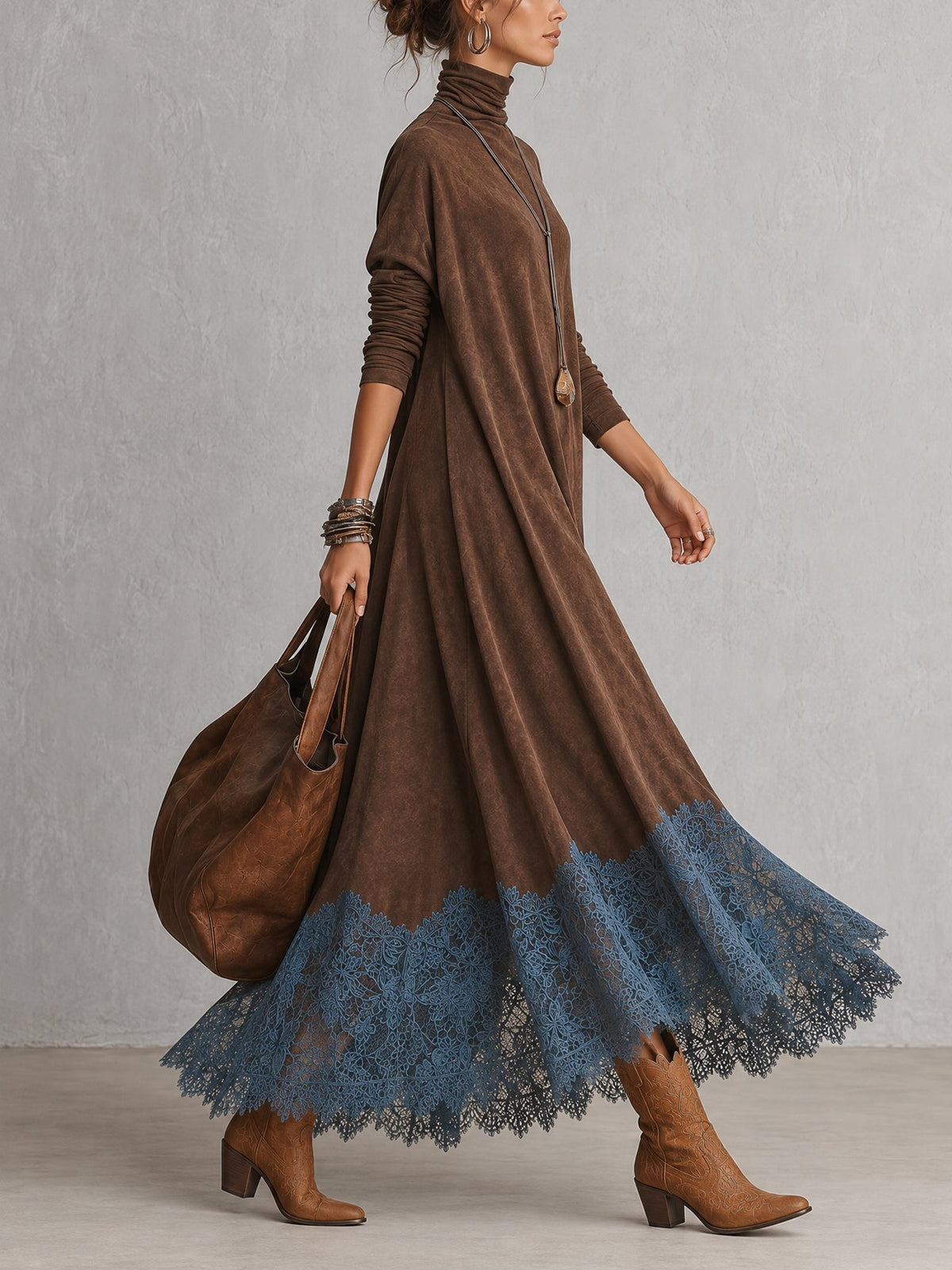 GRACIA | Vestido Largo Efecto Ante con Bajo de Encaje