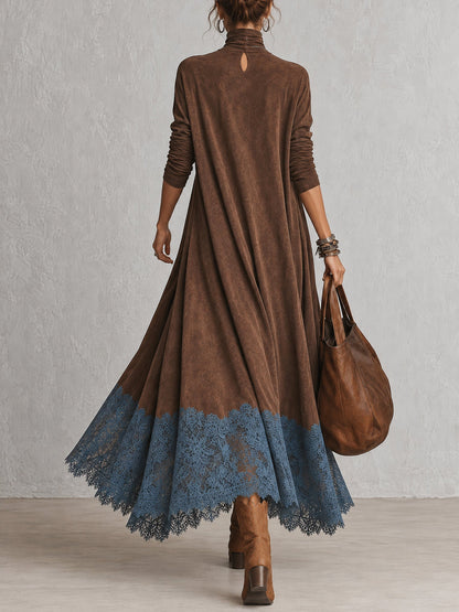 GRACIA | Vestido Largo Efecto Ante con Bajo de Encaje