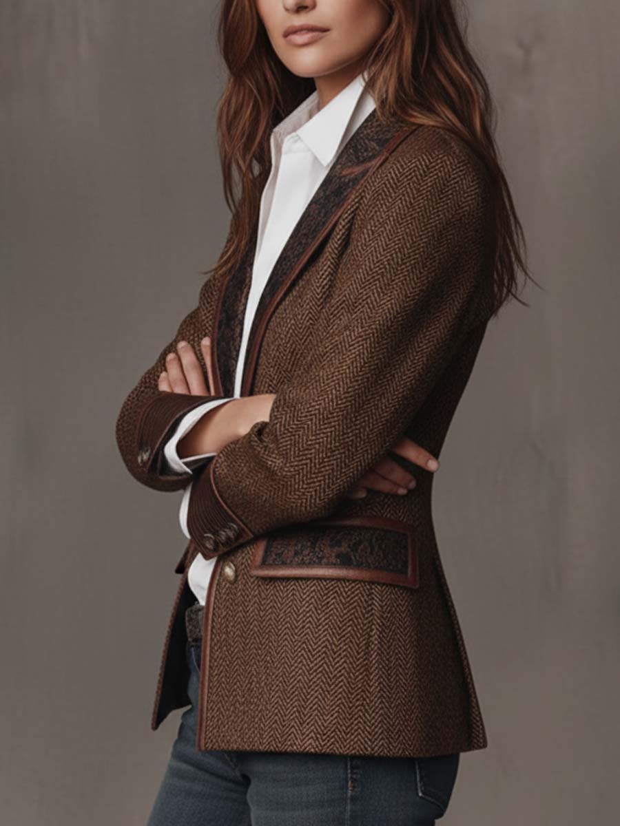 LUCIANA | Blazer Marrón con Aplicaciones Estampadas en Zigzag