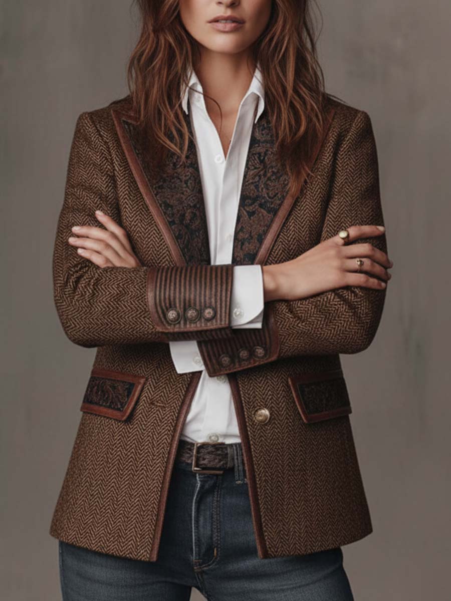 LUCIANA | Blazer Marrón con Aplicaciones Estampadas en Zigzag