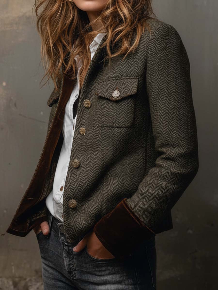 MÓNICA | Blazer Vintage de Espiga con Ribetes en Contraste