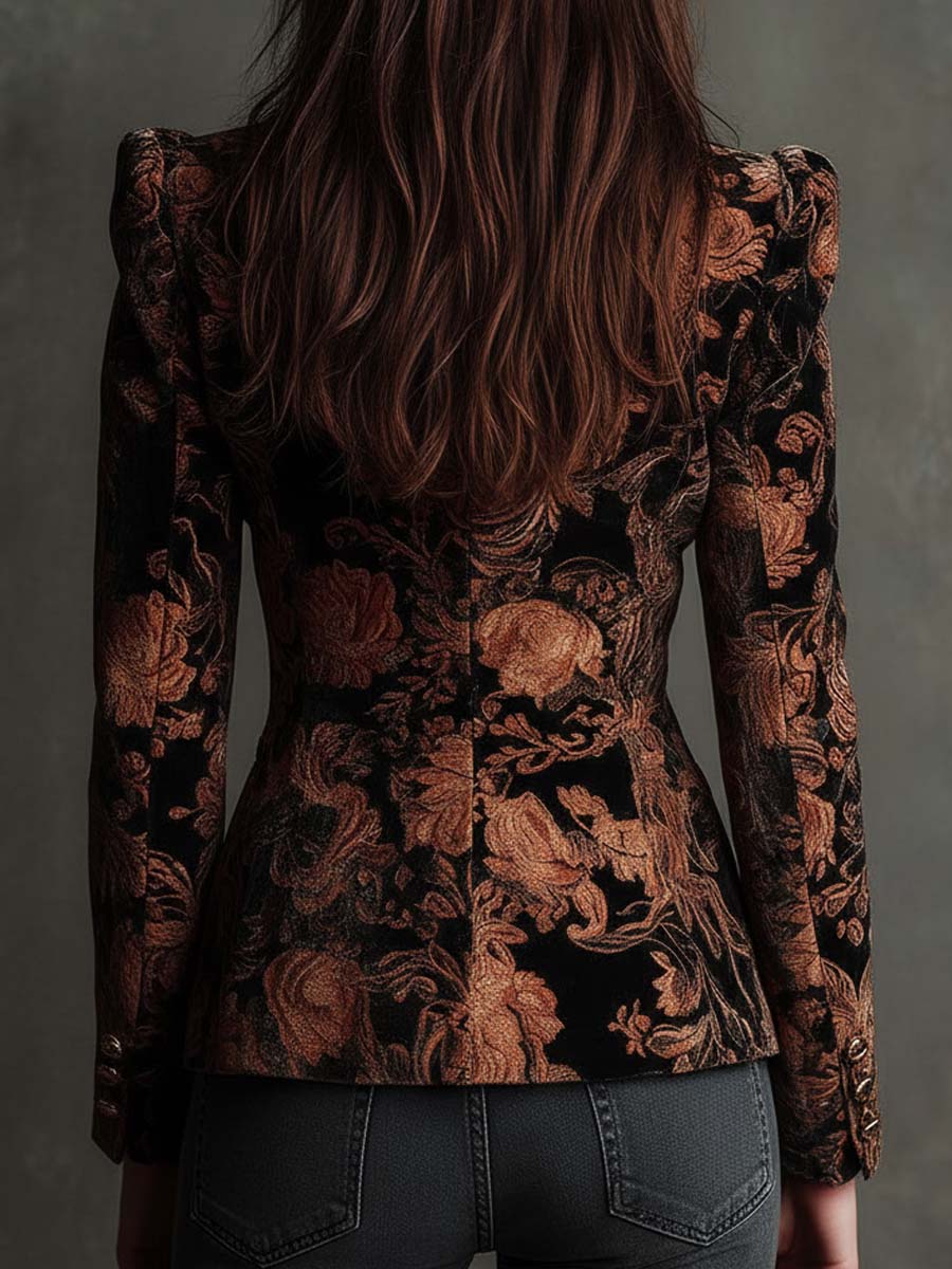 ISOLINA | Blazer Entallado Negro con Estampado Floral Bronce