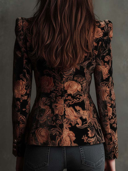 ISOLINA | Blazer Entallado Negro con Estampado Floral Bronce