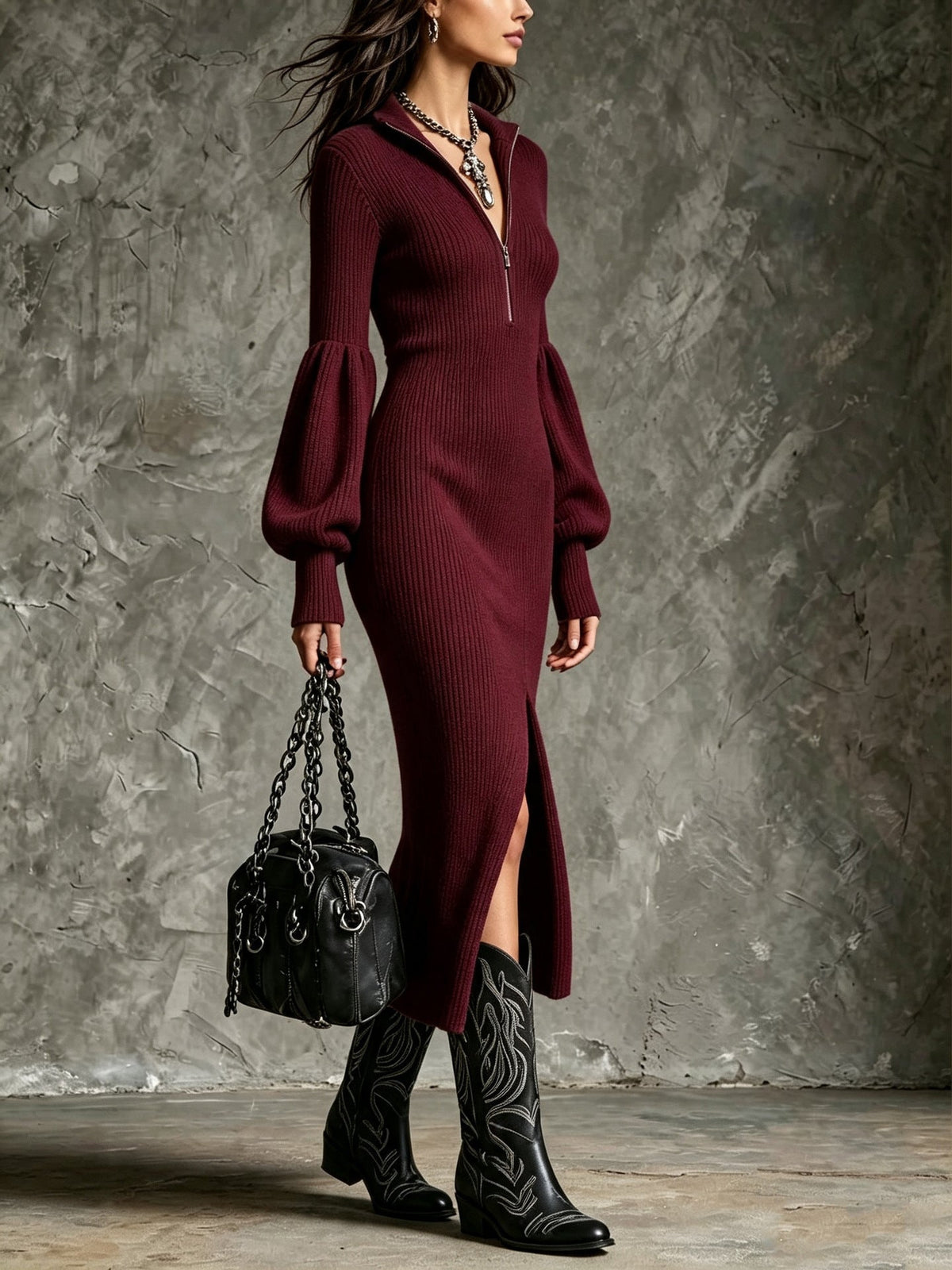 BALBINA | Vestido Midi de Punto de Canalé con Media Cremallera, Mangas Farol y Abertura