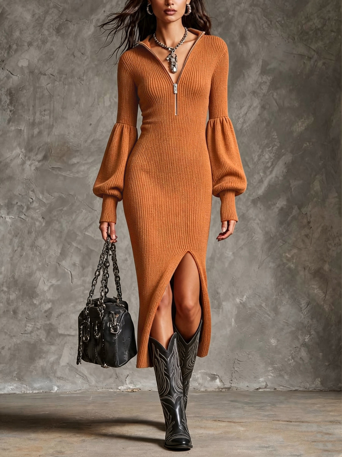 BALBINA | Vestido Midi de Punto de Canalé con Media Cremallera, Mangas Farol y Abertura