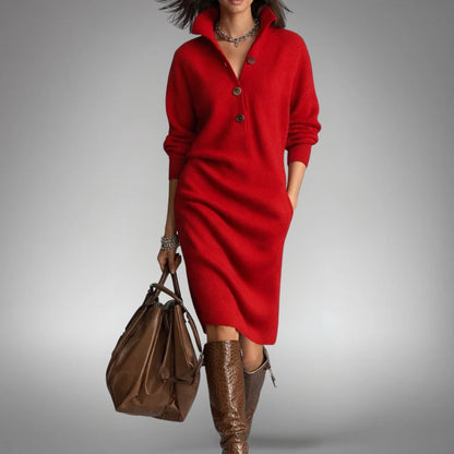 ZURIÑE | Vestido Midi de Punto con Cuello Alto Abotonado