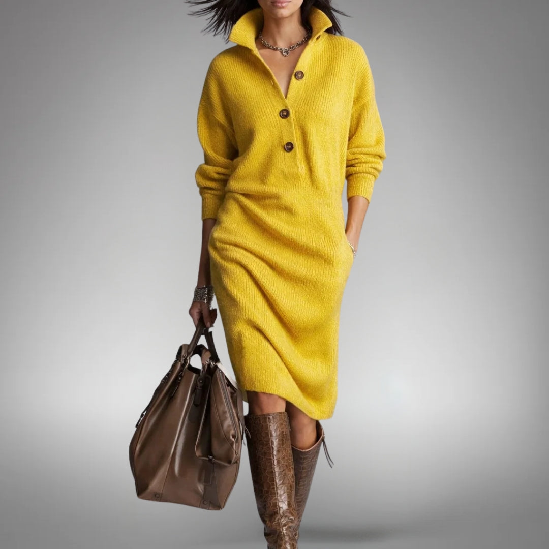 ZURIÑE | Vestido Midi de Punto con Cuello Alto Abotonado