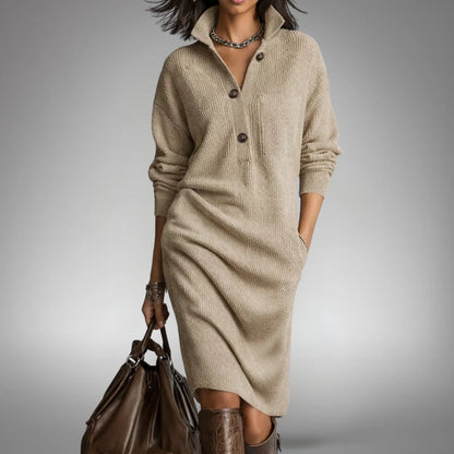ZURIÑE | Vestido Midi de Punto con Cuello Alto Abotonado