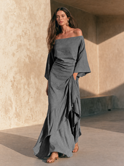 ESTRELLA | Vestido Largo de Hombros Descubiertos con Volante y Manga Acampanada