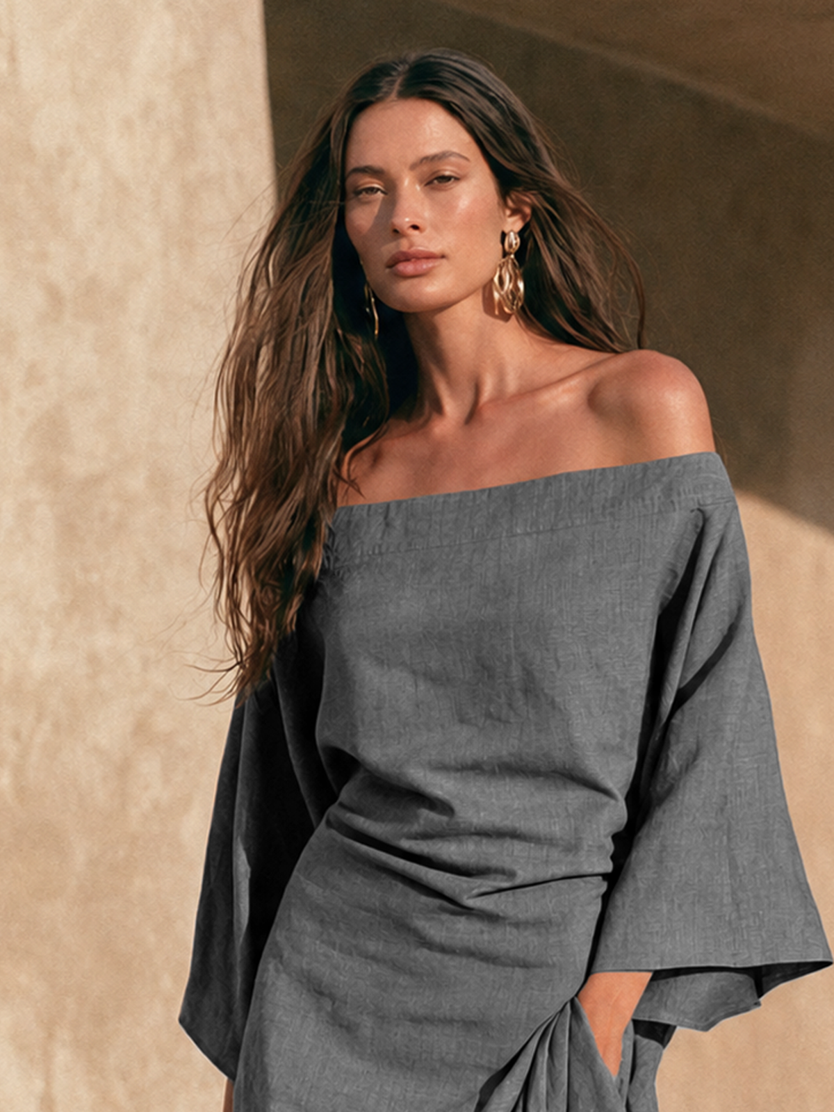 ESTRELLA | Vestido Largo de Hombros Descubiertos con Volante y Manga Acampanada