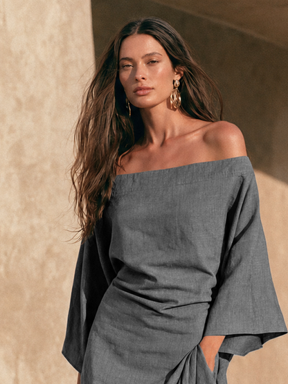 ESTRELLA | Vestido Largo de Hombros Descubiertos con Volante y Manga Acampanada