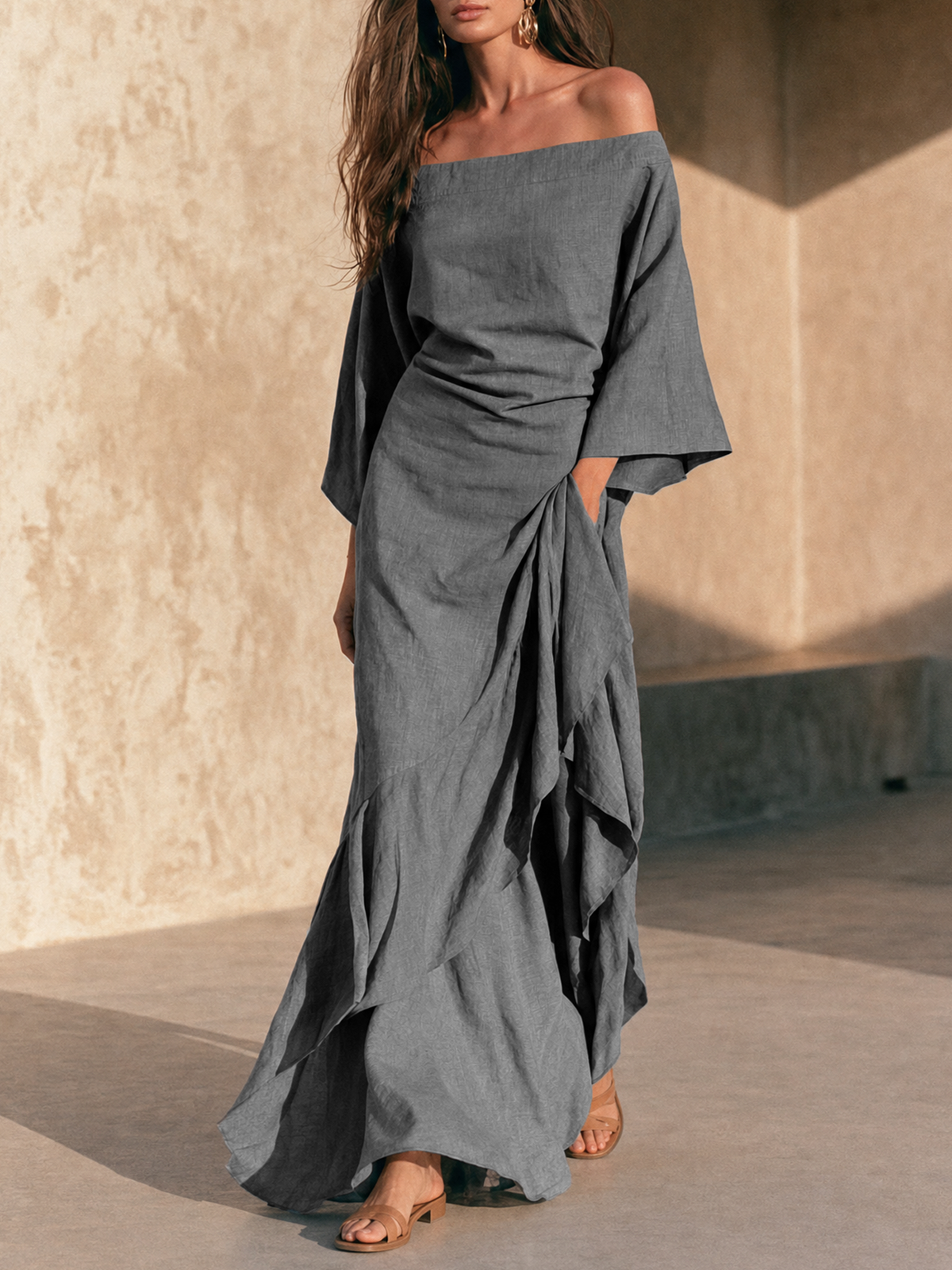 ESTRELLA | Vestido Largo de Hombros Descubiertos con Volante y Manga Acampanada